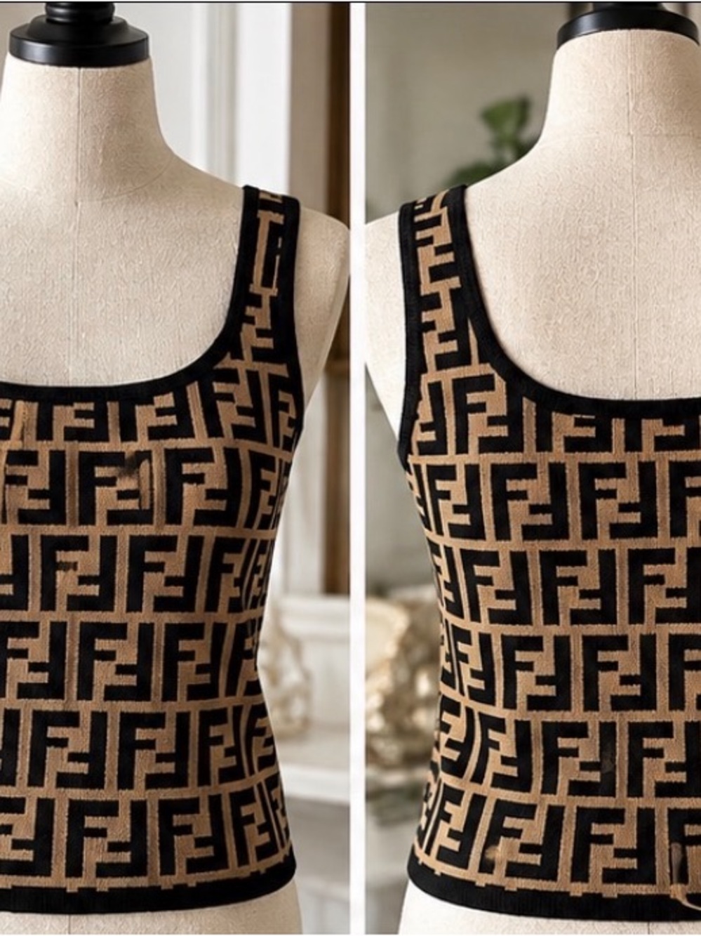 Fendi Black and Brown FF Jacquard Tank Top
